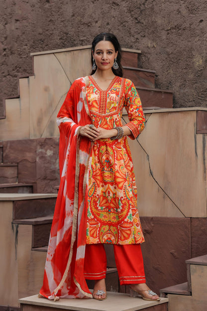 Printed Gotta Patti Pure Cotton A-Line Kurta with Trousers & Dupatta