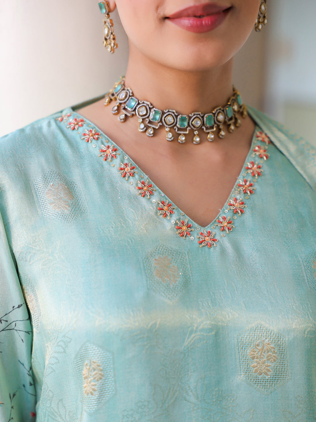 Ethnic Motifs Printed Zari Chanderi Cotton Kurta With Trousers & Dupatta