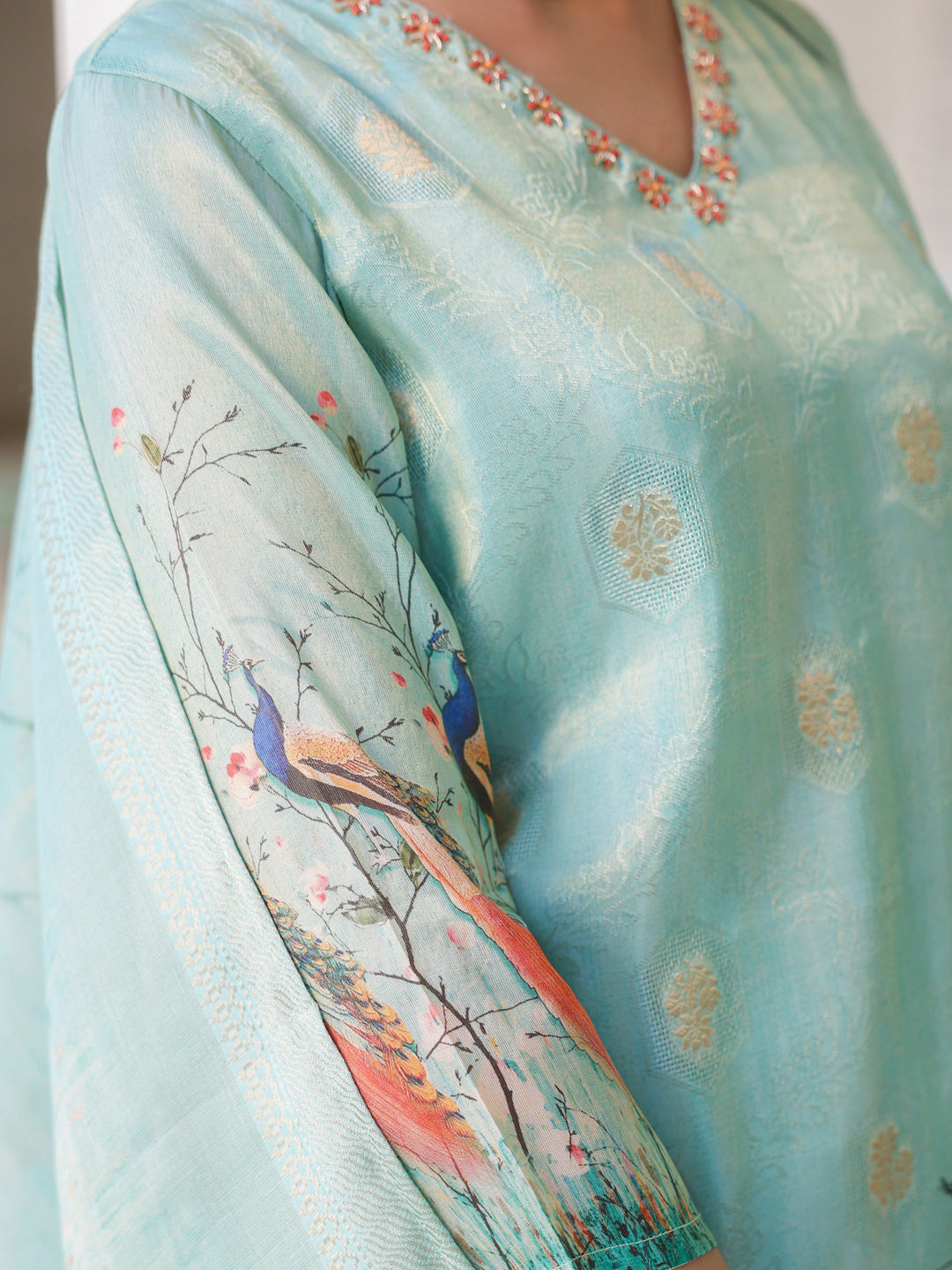 Ethnic Motifs Printed Zari Chanderi Cotton Kurta With Trousers & Dupatta