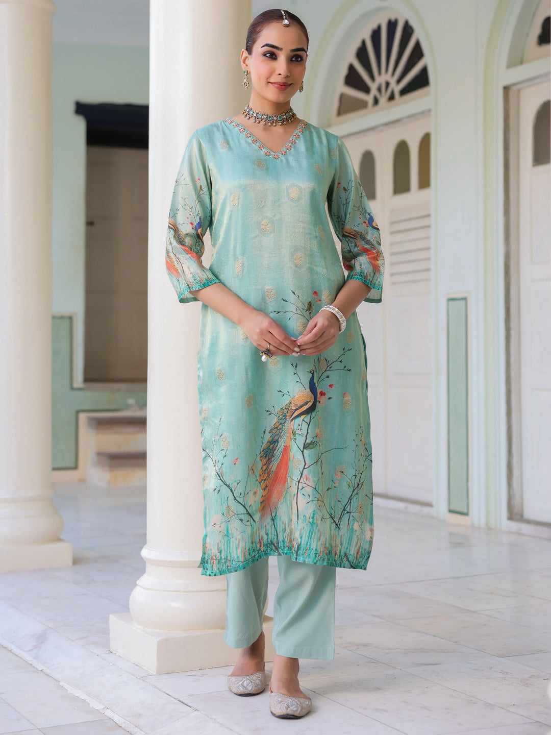 Ethnic Motifs Printed Zari Chanderi Cotton Kurta With Trousers & Dupatta