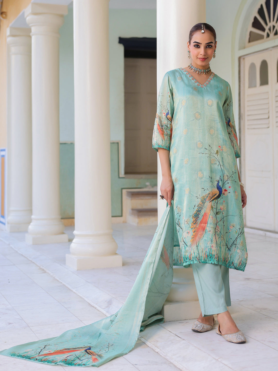 Ethnic Motifs Printed Zari Chanderi Cotton Kurta With Trousers & Dupatta