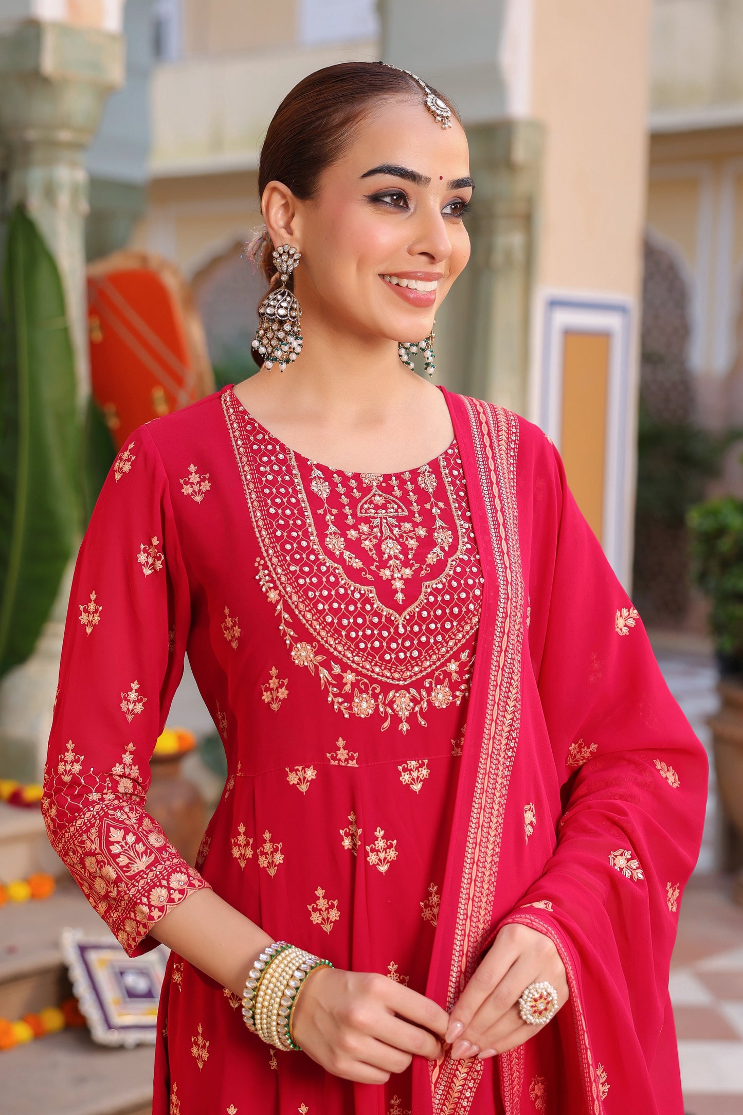 Women Ethnic Motifs Printed Beads and Stones Kurta with Trouser & Dupatta