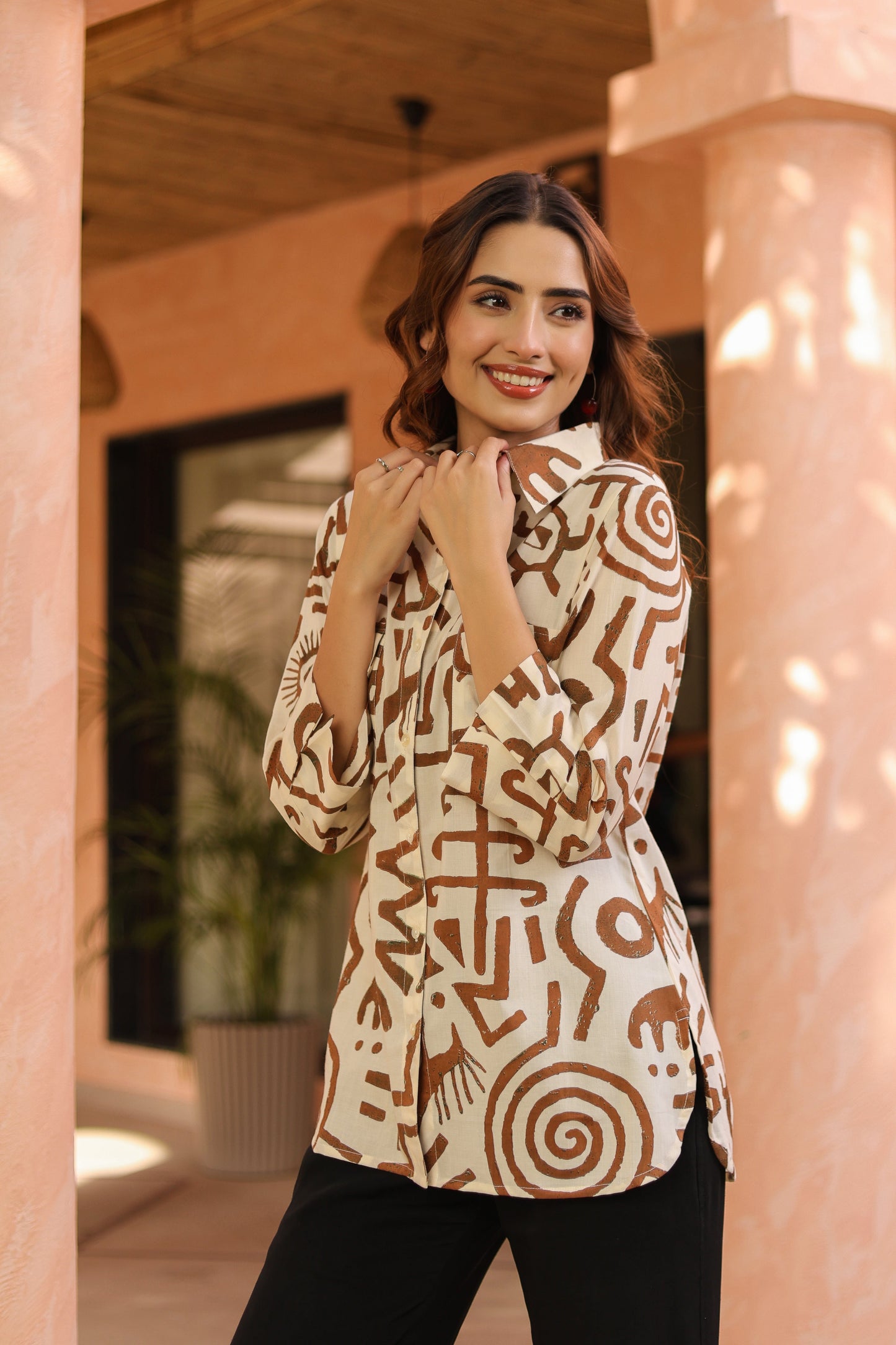 Women Abstract Printed Shirt Collar Cotton Top