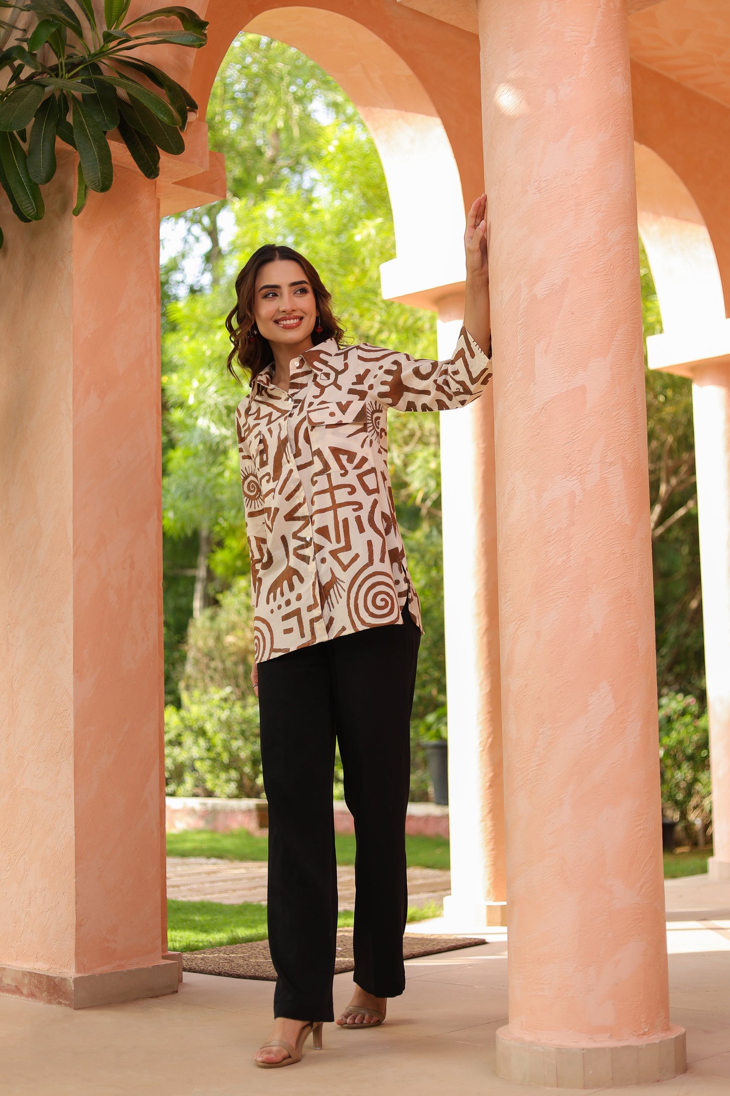 Women Abstract Printed Shirt Collar Cotton Top