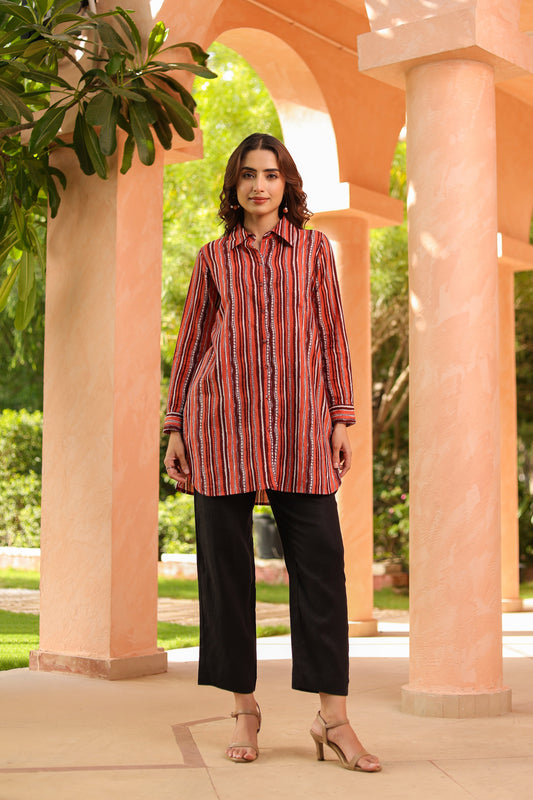 Women Standard Fit Vertical Striped Spread Collar Pure Cotton Casual Shirt