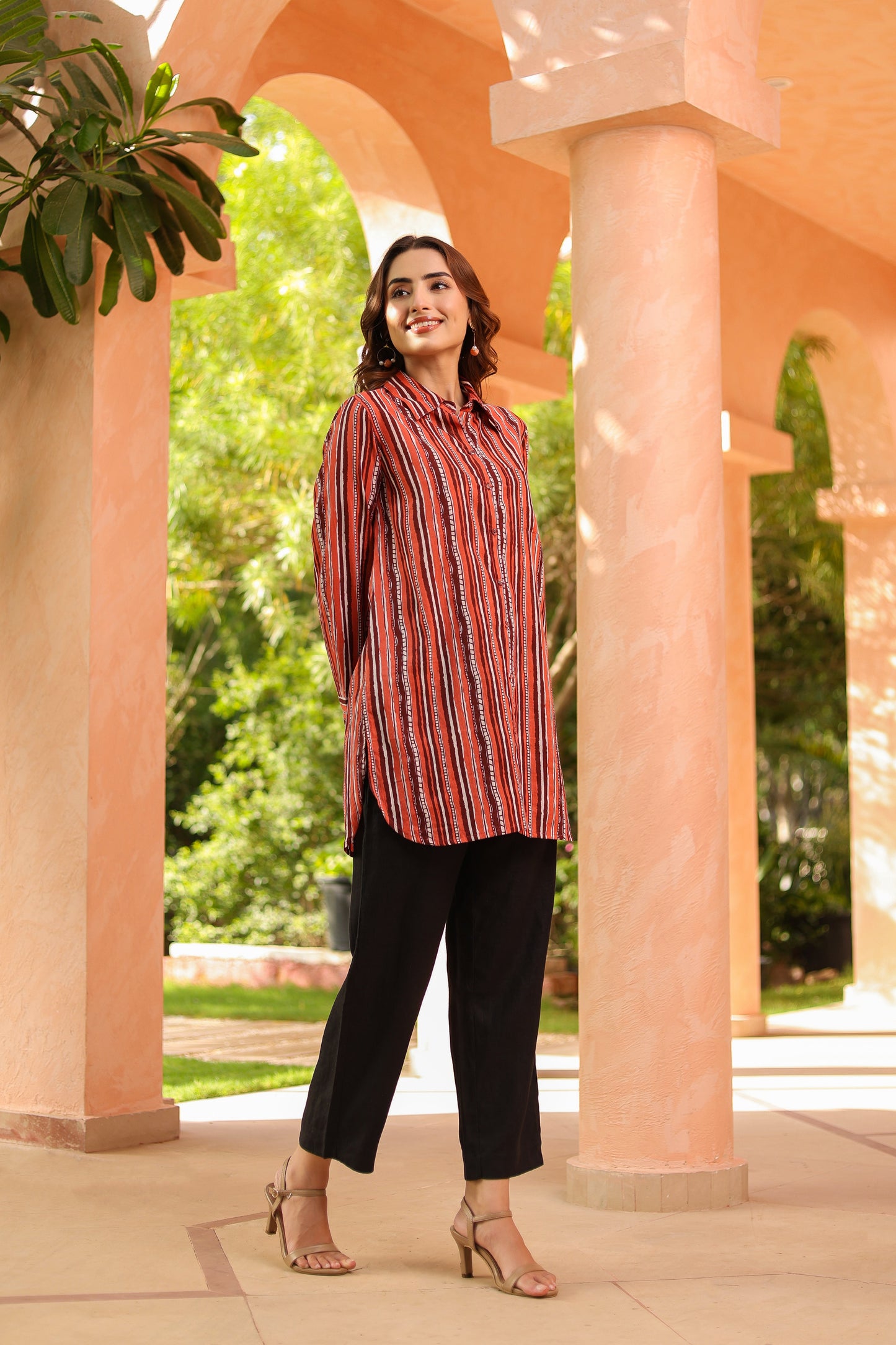 Women Standard Fit Vertical Striped Spread Collar Pure Cotton Casual Shirt