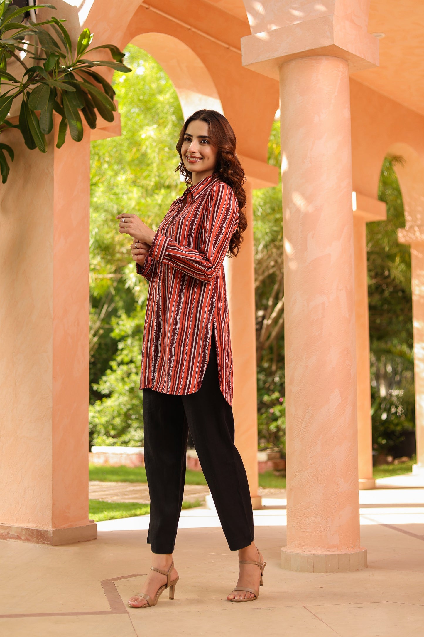 Women Standard Fit Vertical Striped Spread Collar Pure Cotton Casual Shirt