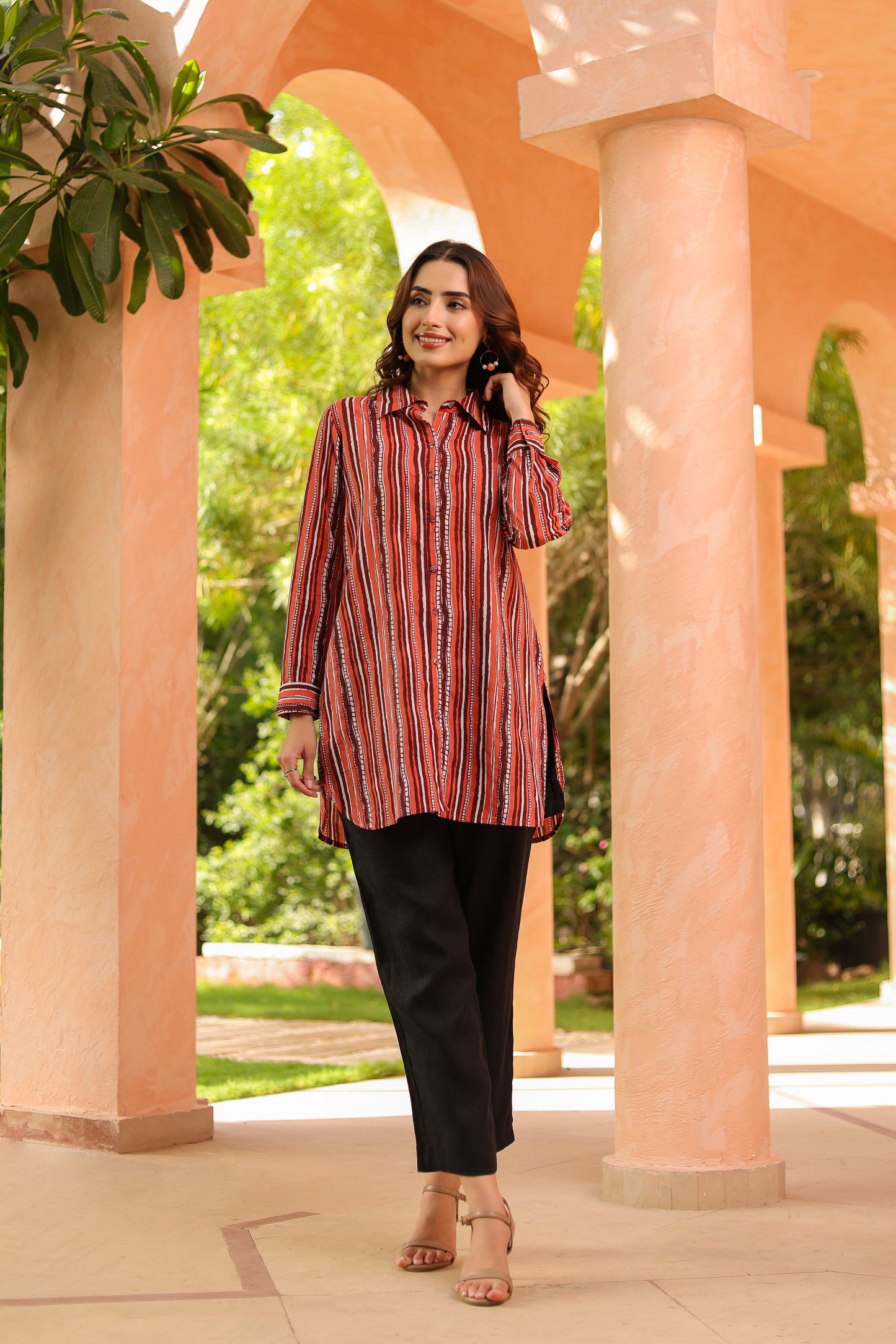 Women Standard Fit Vertical Striped Spread Collar Pure Cotton Casual Shirt