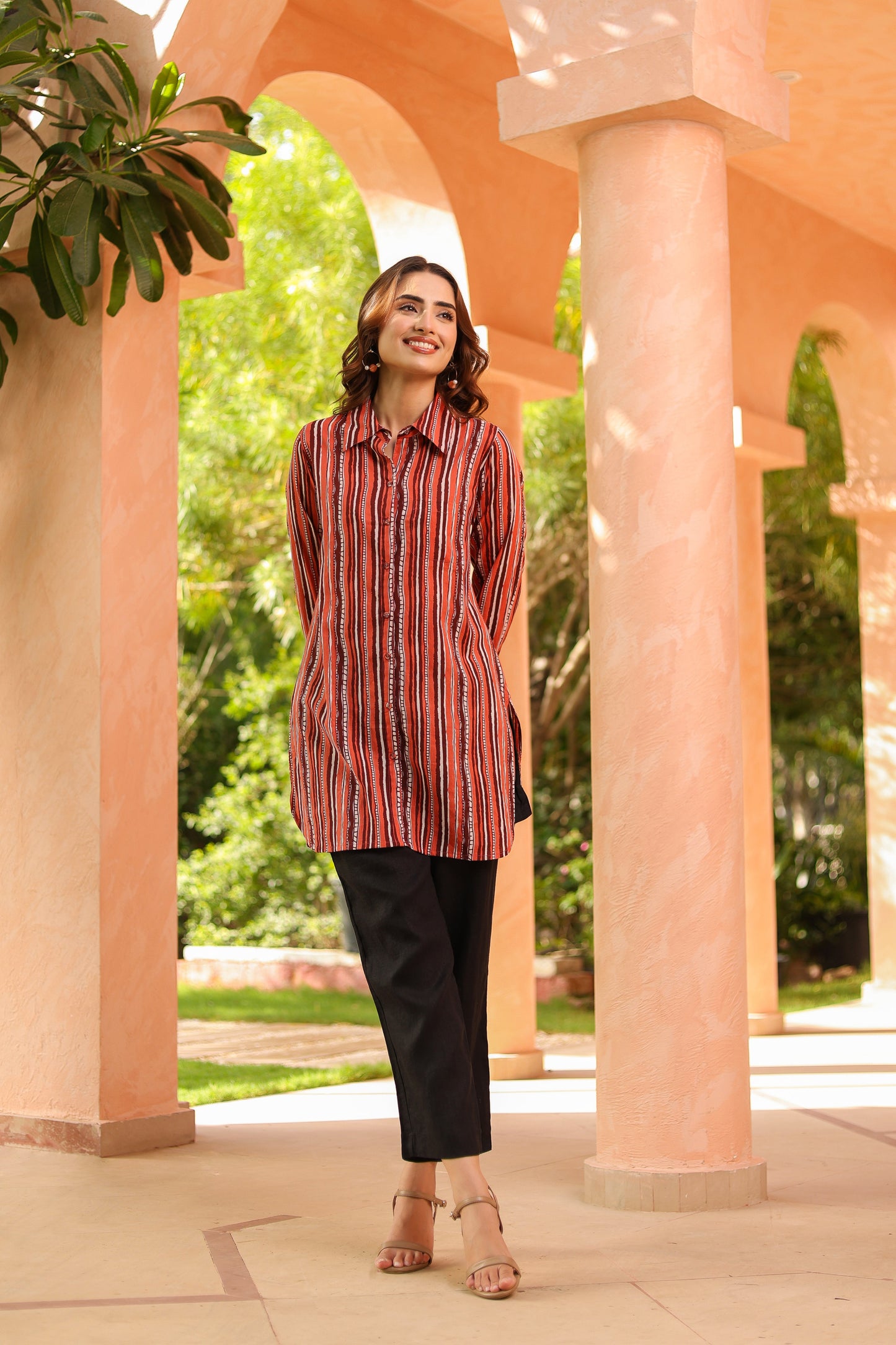 Women Standard Fit Vertical Striped Spread Collar Pure Cotton Casual Shirt