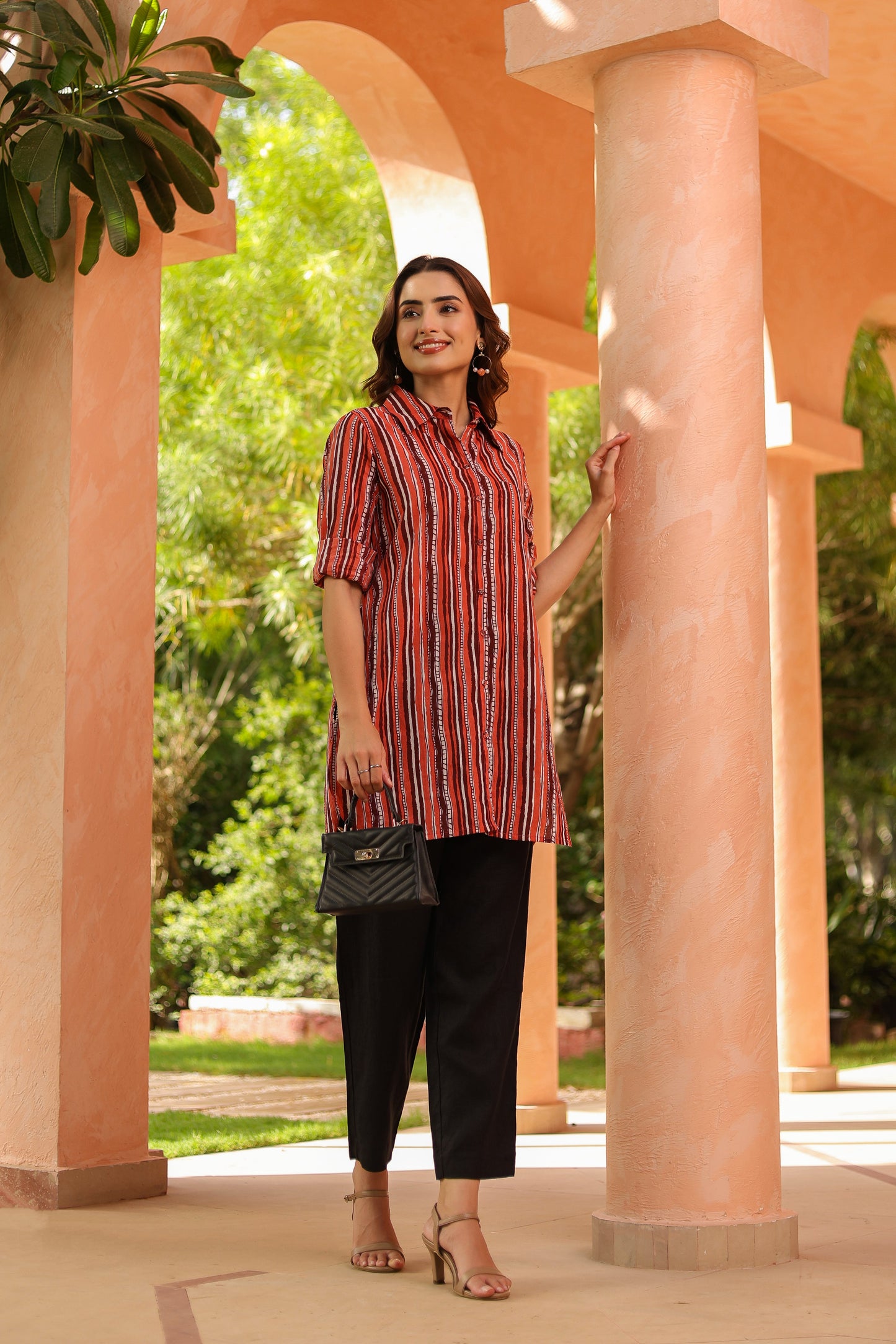 Women Standard Fit Vertical Striped Spread Collar Pure Cotton Casual Shirt