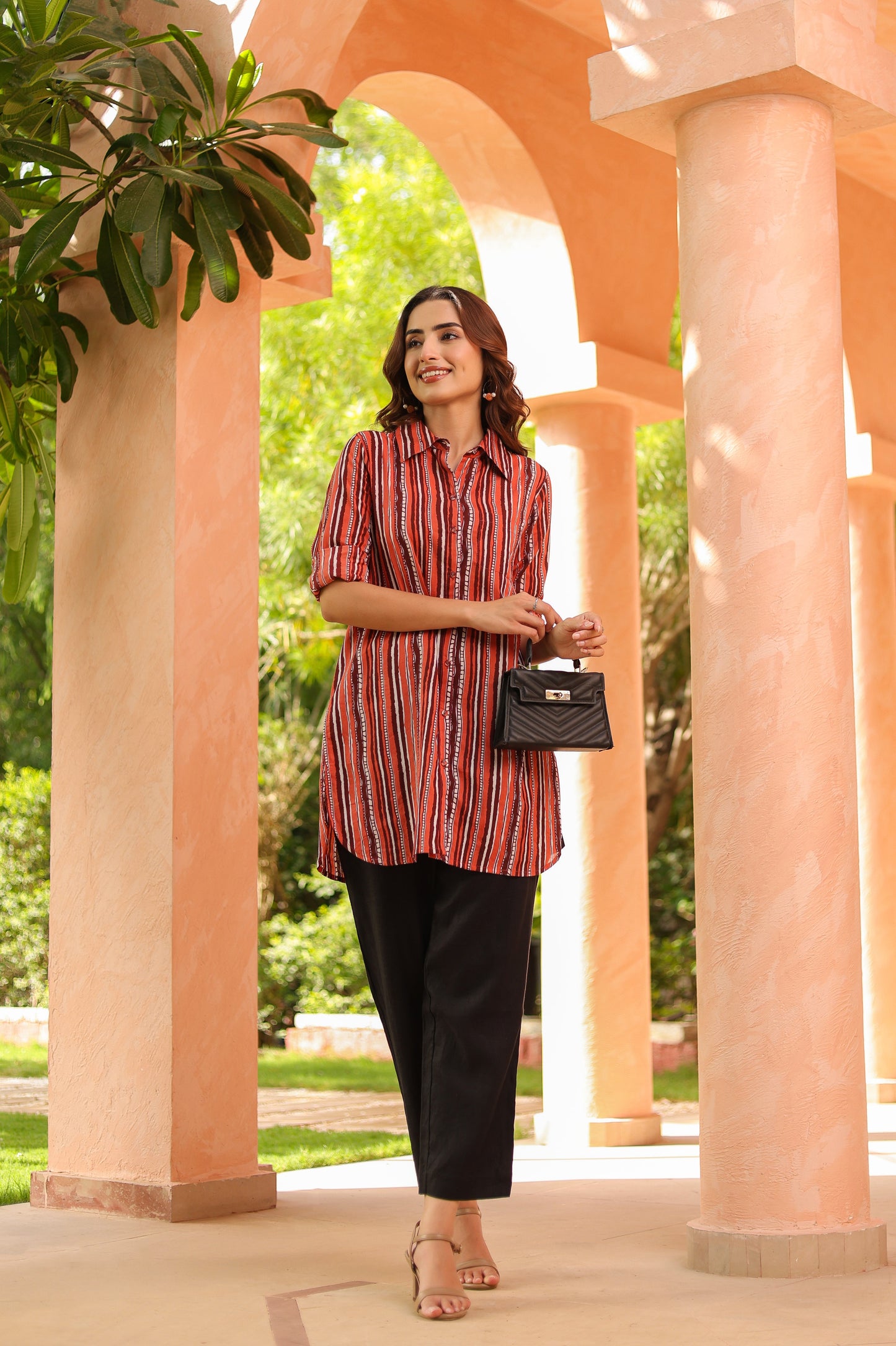 Women Standard Fit Vertical Striped Spread Collar Pure Cotton Casual Shirt