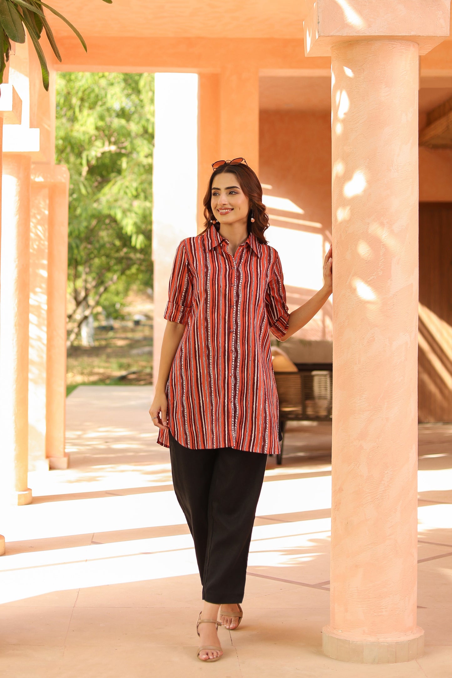 Women Standard Fit Vertical Striped Spread Collar Pure Cotton Casual Shirt