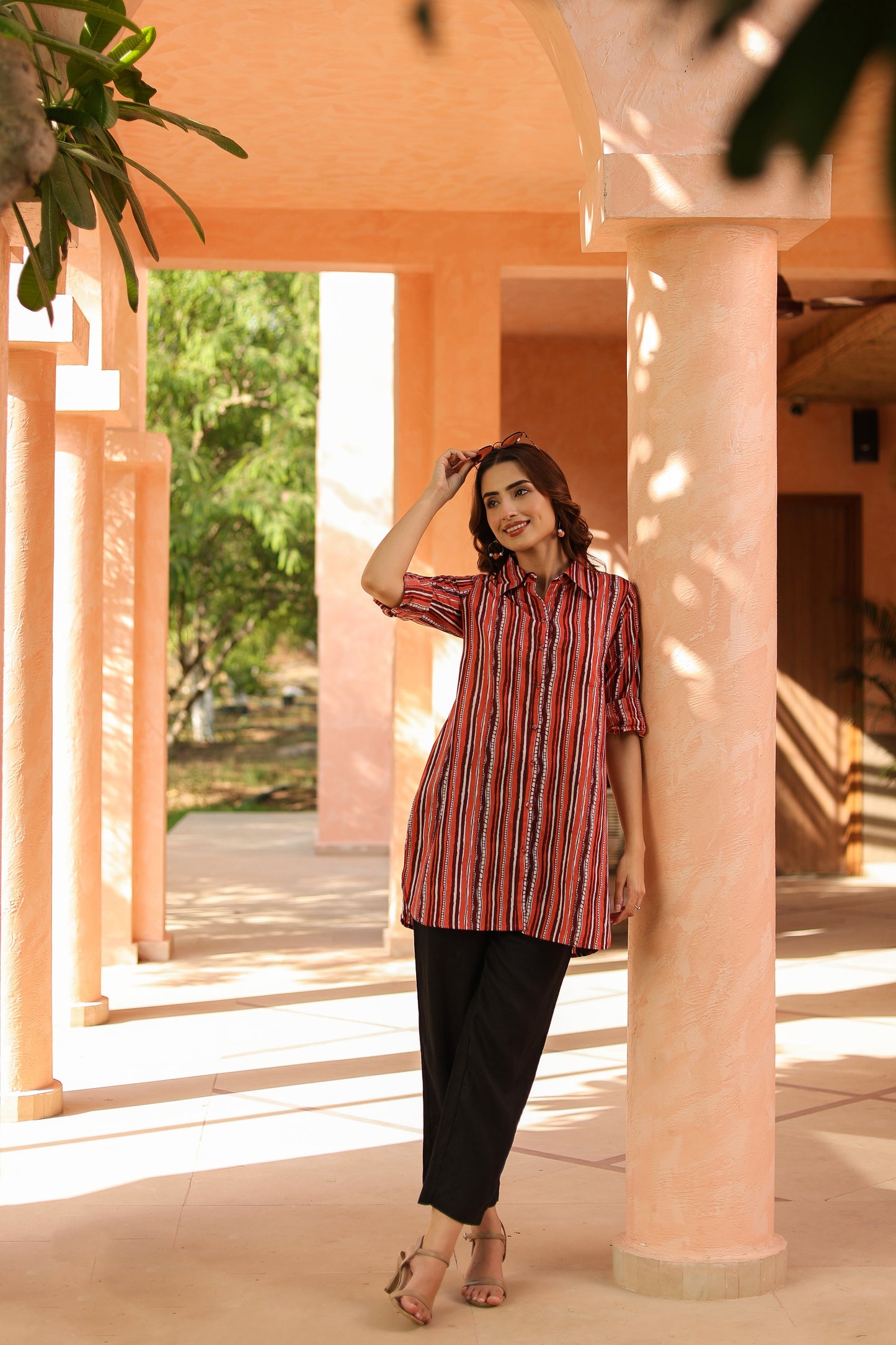 Women Standard Fit Vertical Striped Spread Collar Pure Cotton Casual Shirt