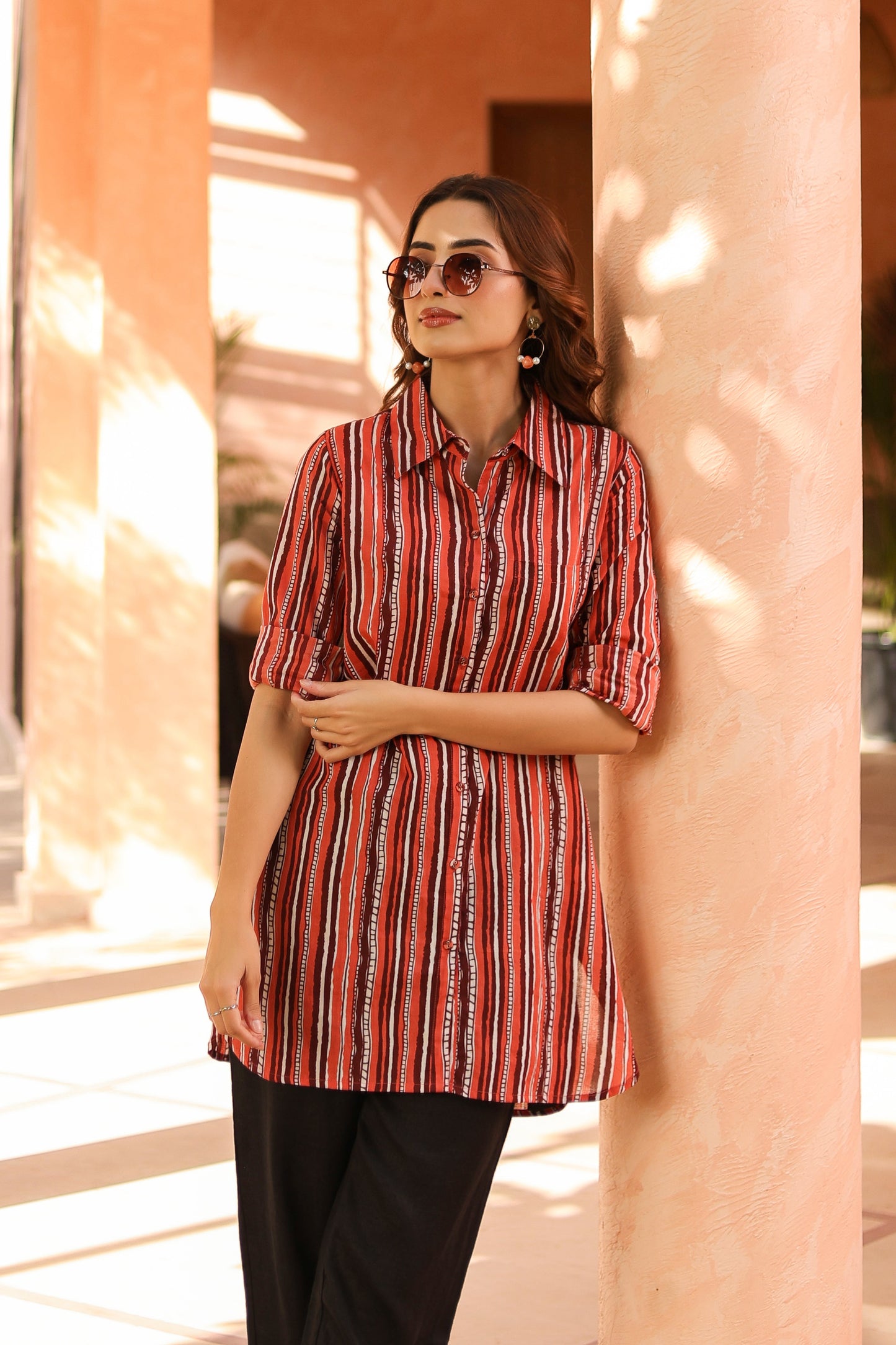 Women Standard Fit Vertical Striped Spread Collar Pure Cotton Casual Shirt