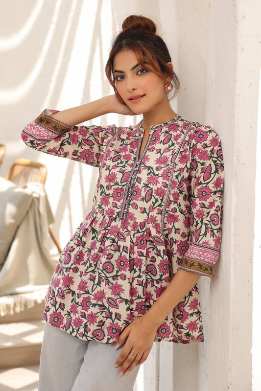 Women Purple Floral Printed Pure Cotton Kurti