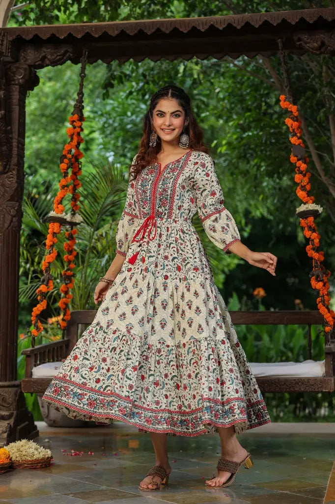 Women Cream Mix & Match Printed Anarkali Kurta, Round Neck