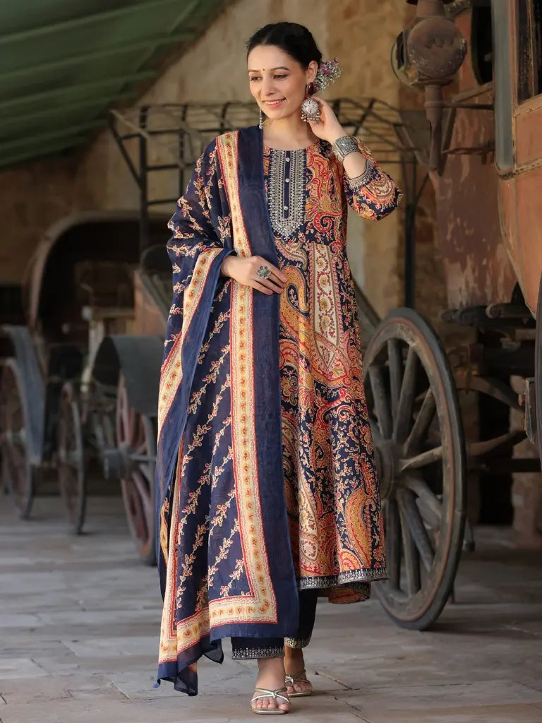 Women Blue Paisley Printed Anarkali Kurta With Trouser And Dupatta