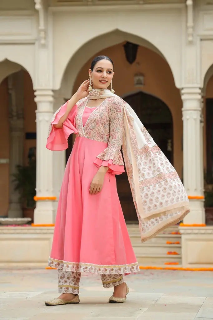 Women Pink Anarkali Printed Kurta Set