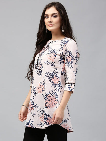 Women Peach Floral Printed Pure Cotton A-Line Kurti