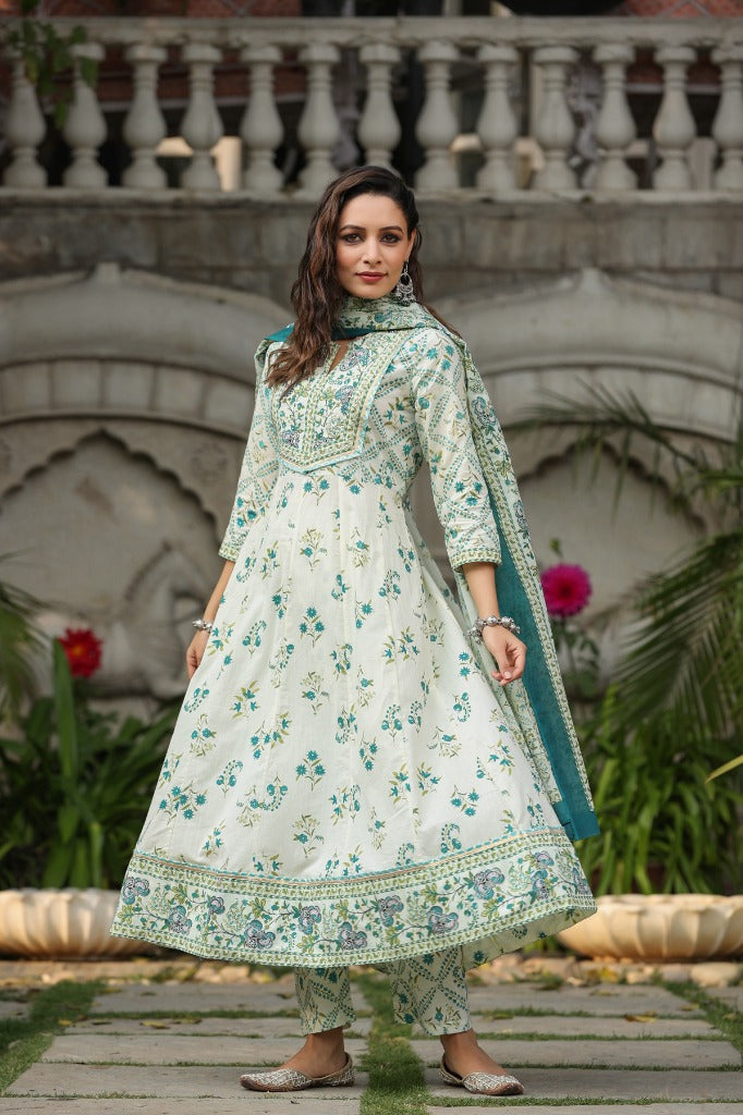 Women floral printed pure cotton Anarkali kurta with Trousers & Dupatta