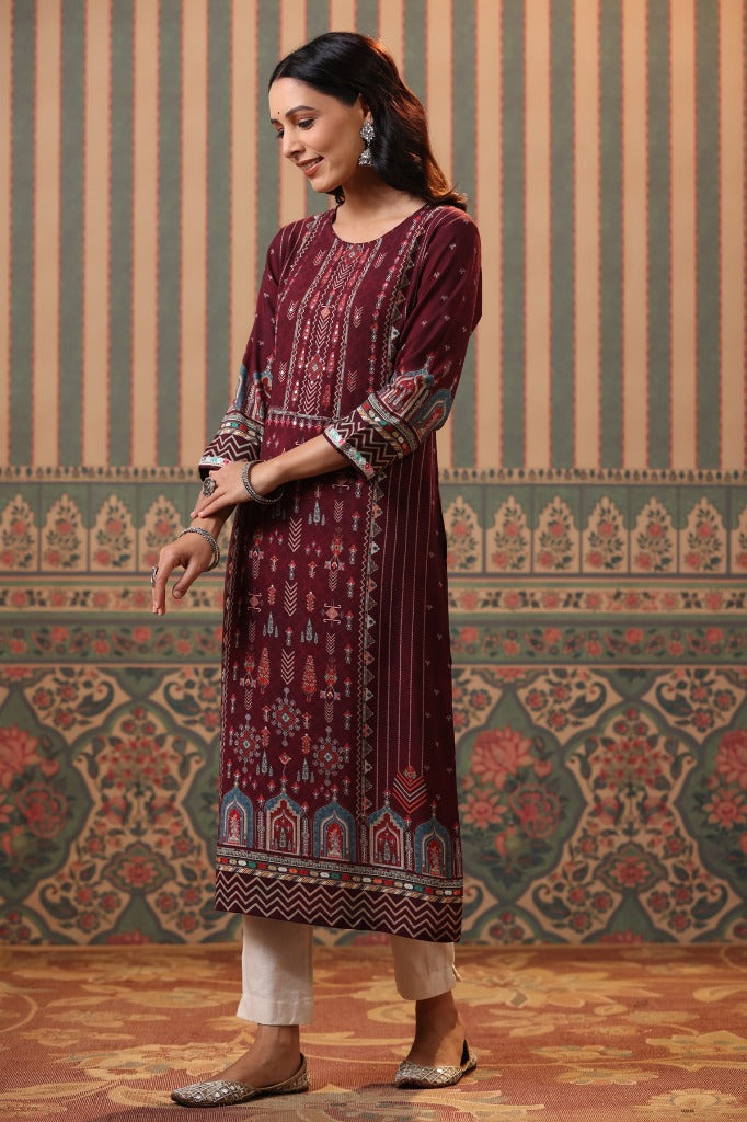Women Maroon Digital Printed Pure Cotton Straight Kurta