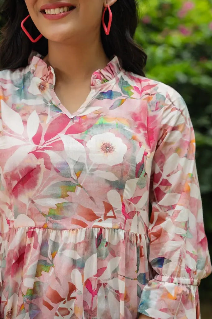 Women Peach Color Floral Printed A-line Kurti