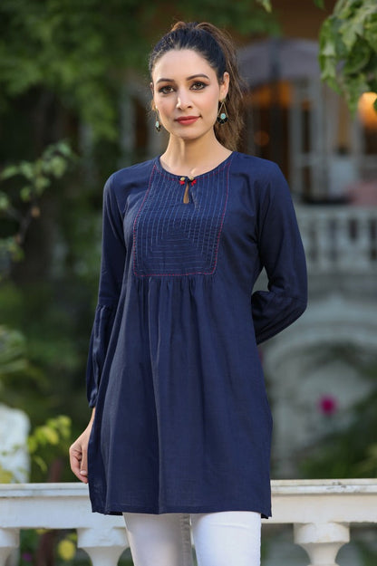 Women Navy Blue Solid Embroidered & Thread Work Cotton A line Kurti