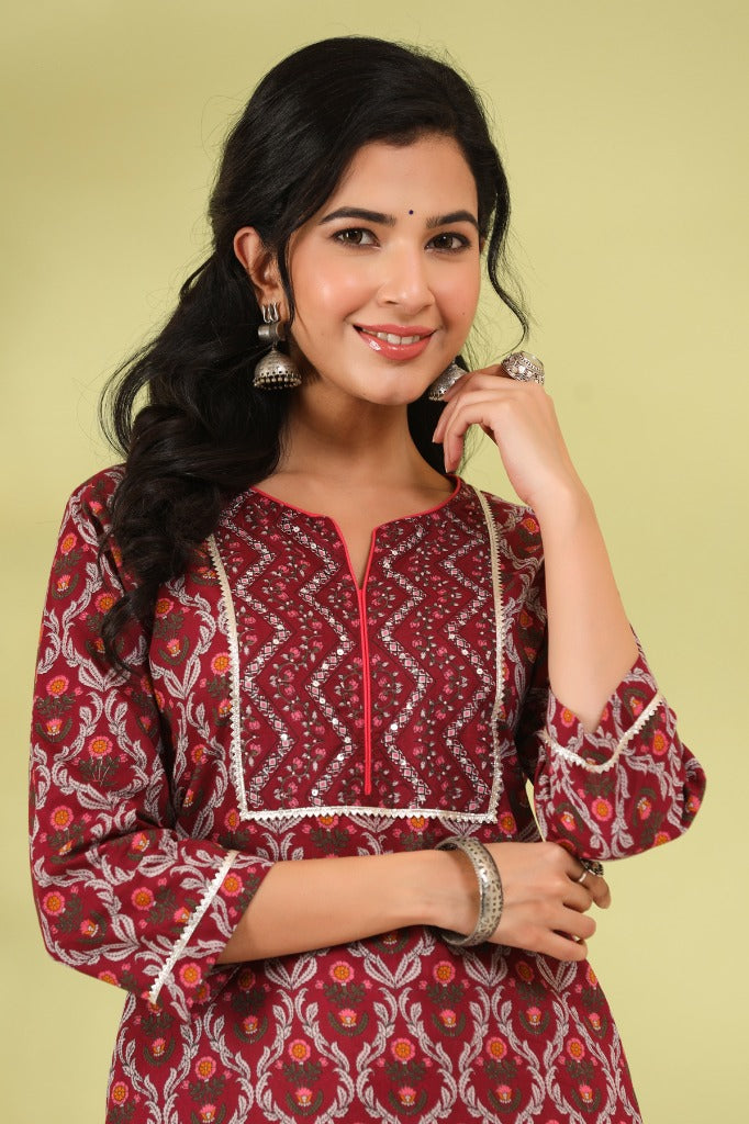 Women Maroon Ethnic Printed Pure Cotton Straight Kurta