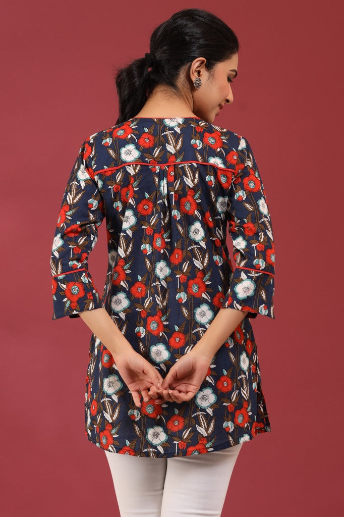 Women Navy Blue & Red Floral A line Sequinned Pure Cotton Kurti