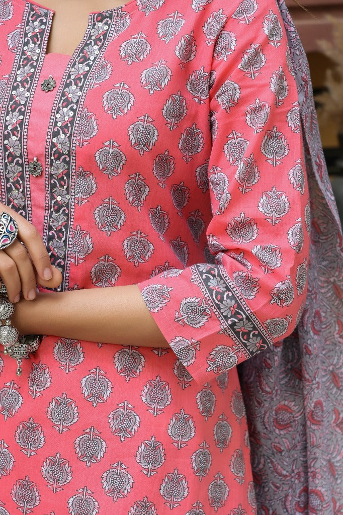 Women Pink Ethnic Printed Pure Cotton Straight Kurta with Trousers & Dupatta