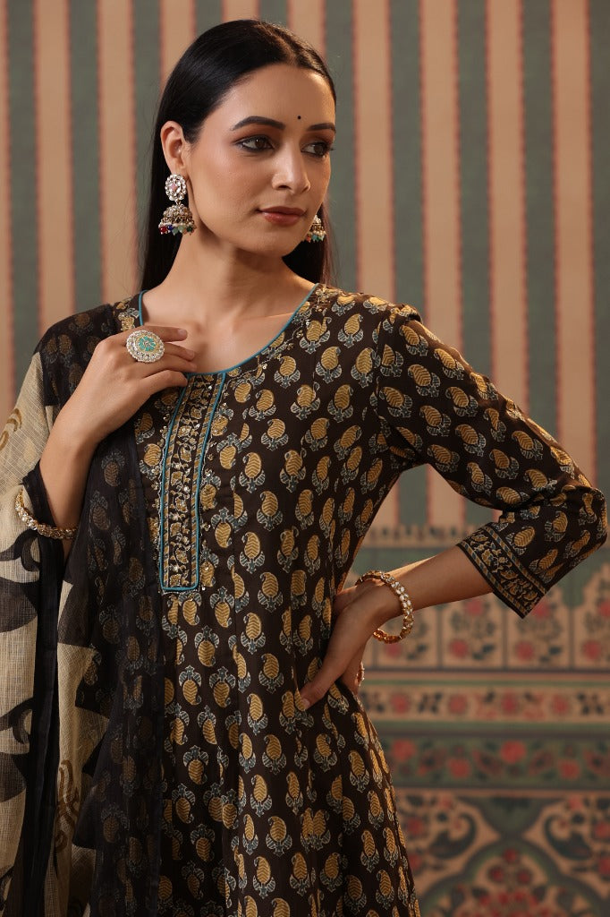 Women Mustard Paisley Printed Pure Cotton Anarkali Kurta with Trousers & Dupatta