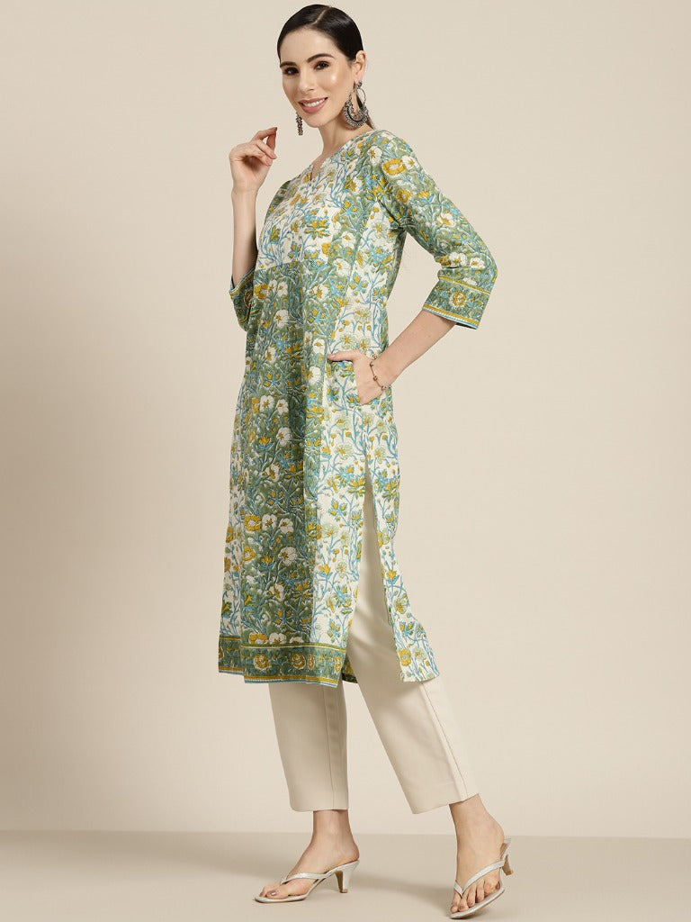 Women Green & White Floral Printed Cotton Straight Kurta