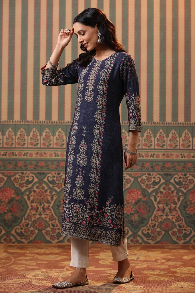 Women Blue Digital Printed Mirror Work Straight Kurta