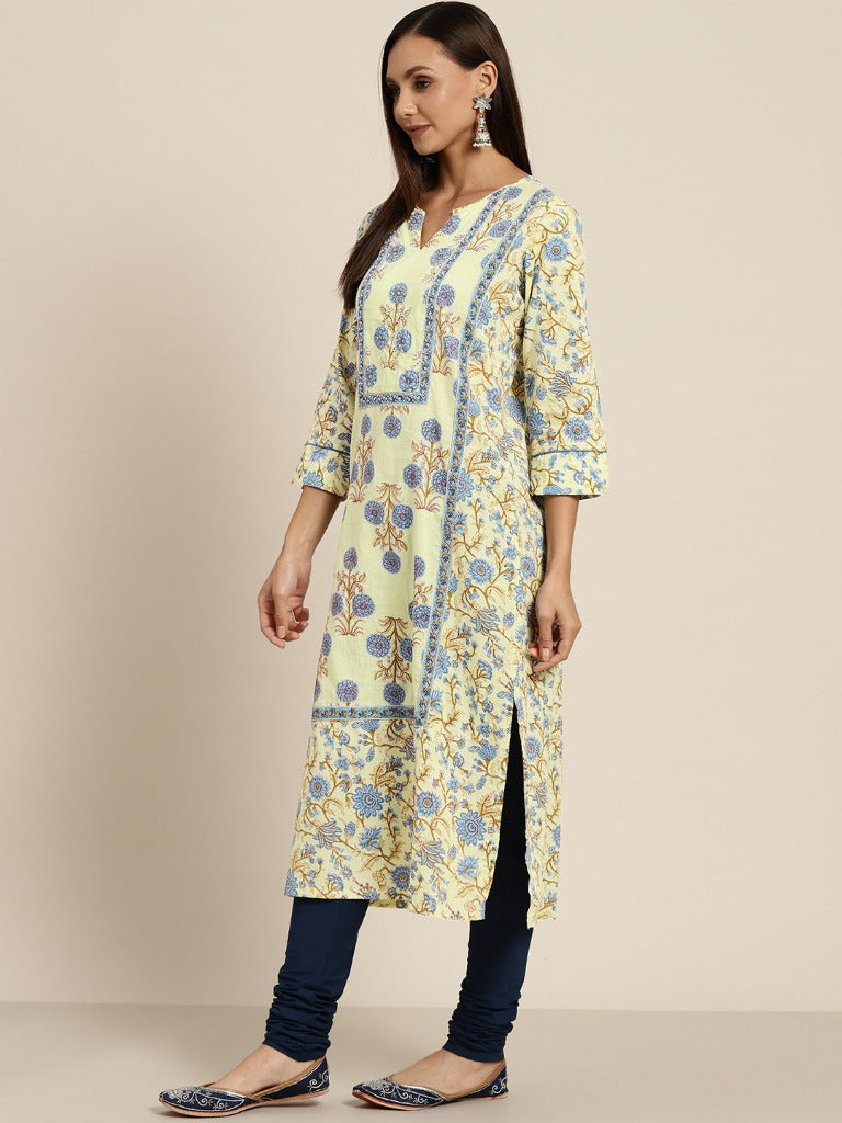 Women Blue Pure Cotton Floral Print Straight Kurta