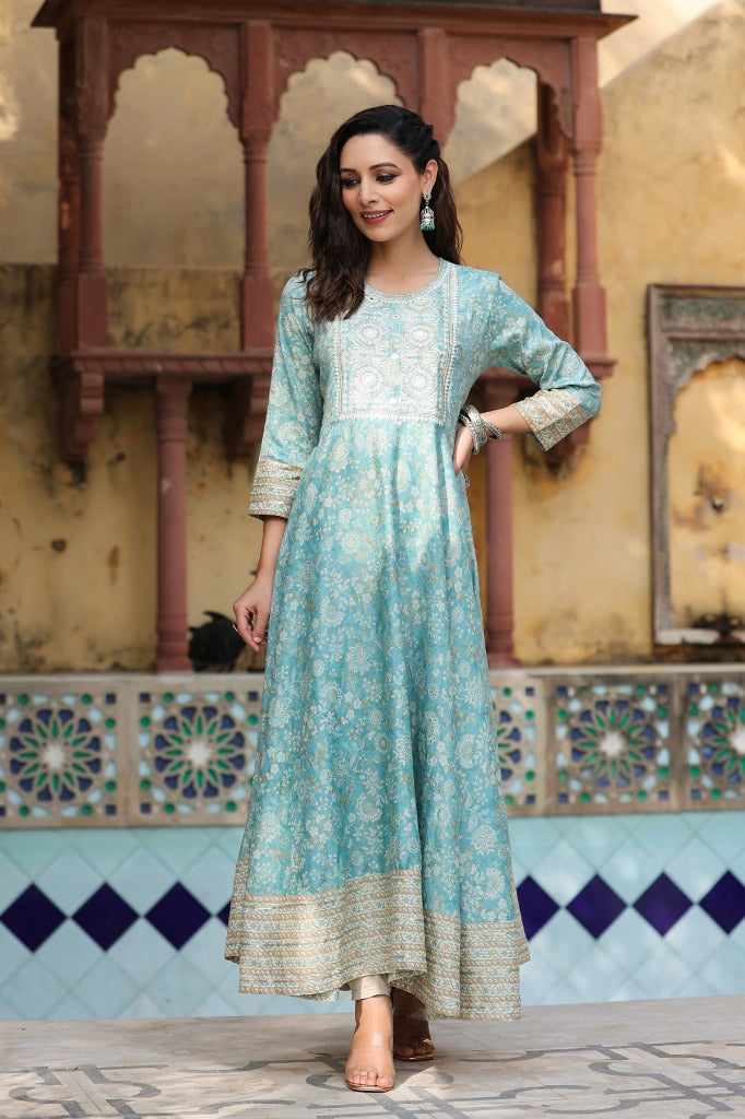 Women Sea Green Ethnic Motifs Printed Pure Cotton Anarkali Kurta