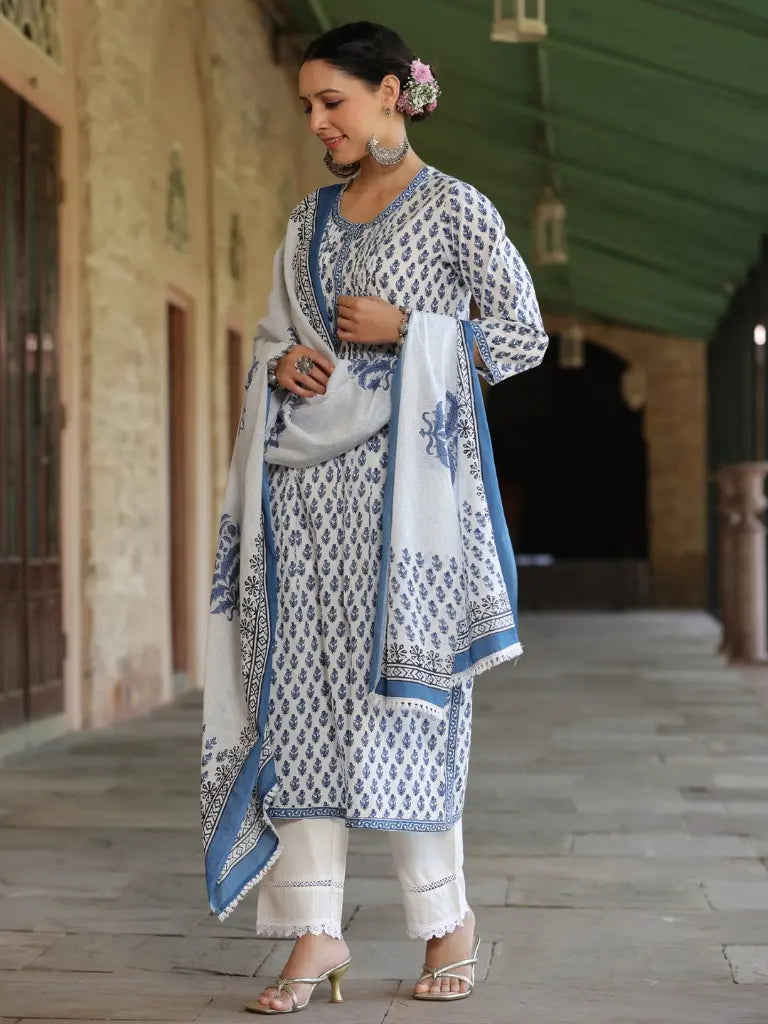 Women Blue-Coloured Ethnic Motifs Printed Sequinned Pure Cotton Kurta with Trousers And Printed Dupatta