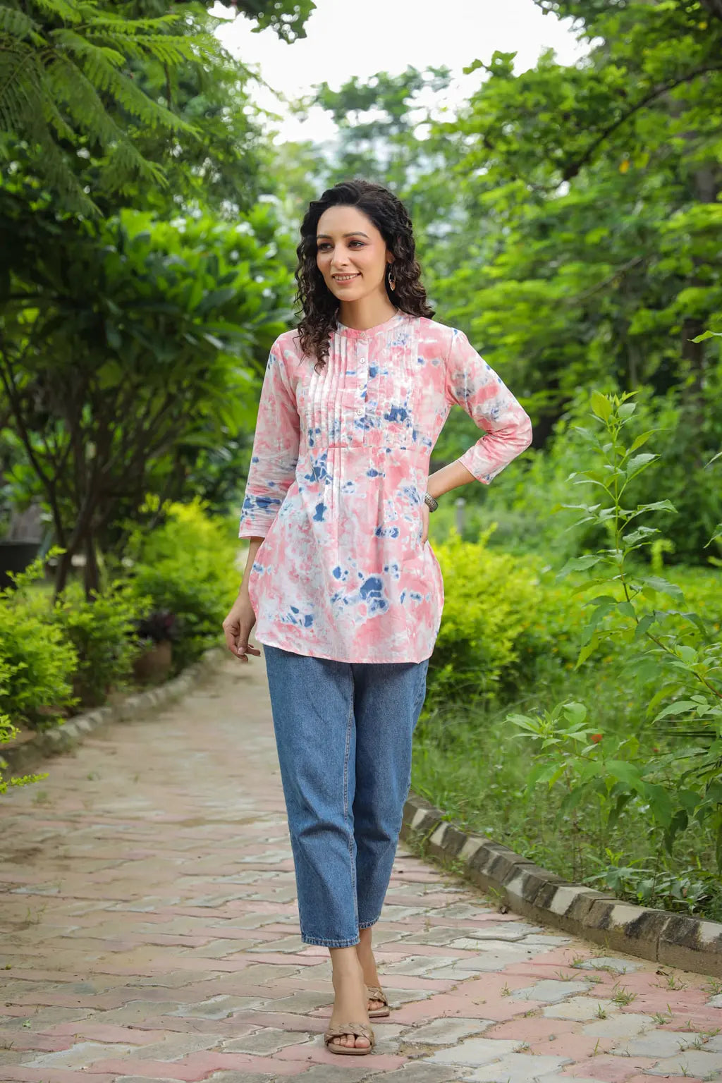 Women Pink Tie & Dye A-Line Kurti