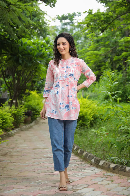 Women Pink Tie & Dye A-Line Kurti