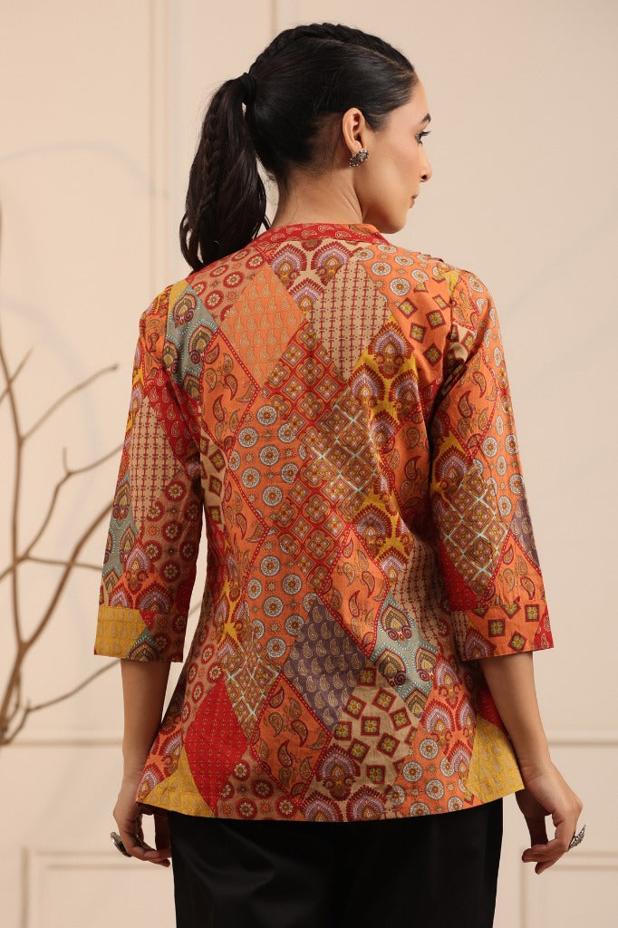 Women Rust & Mustard Abstract Print A-Line Cotton Kurti