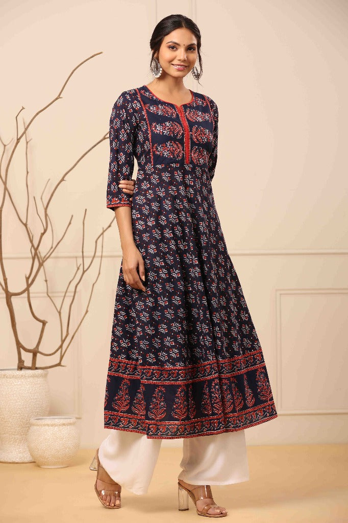 Women Navy Blue Ethnic Motifs Printed Anarkali Kurta