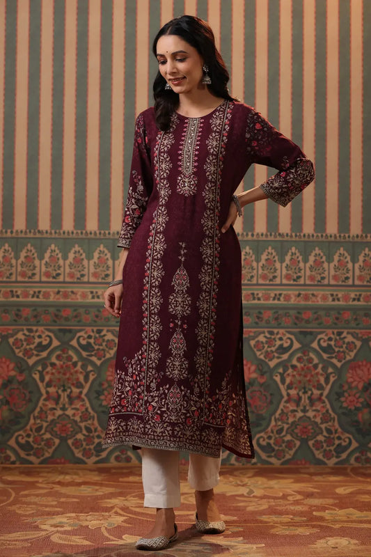 Women Wine Digital Printed Mirror Work Straight Kurta