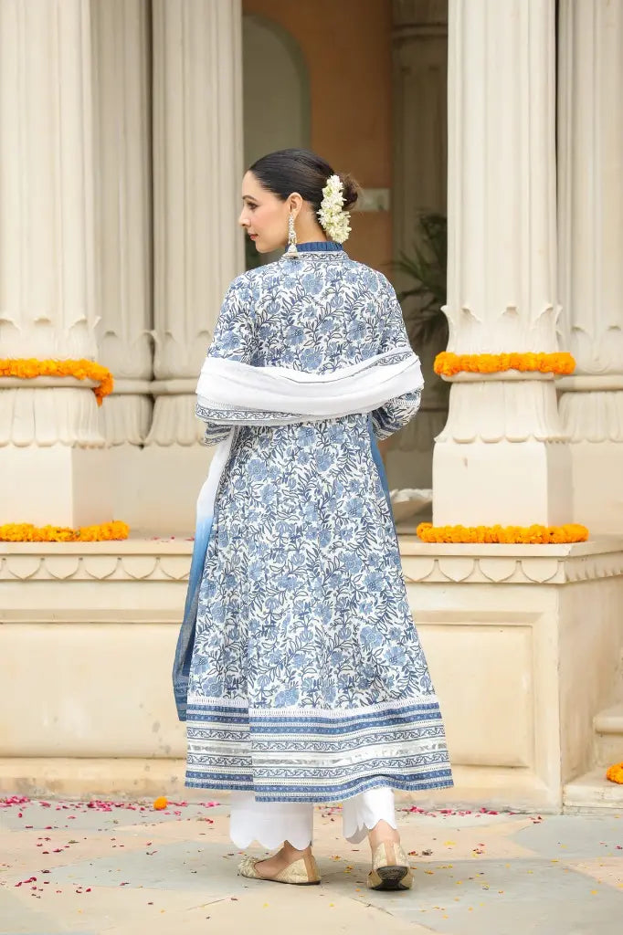 Women Floral Blue Anarkali Suit Set