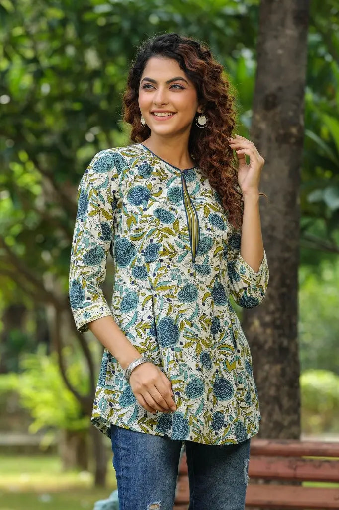 Women Blue & Cream Ethnic Motifs Printed Pure Cotton Kurti