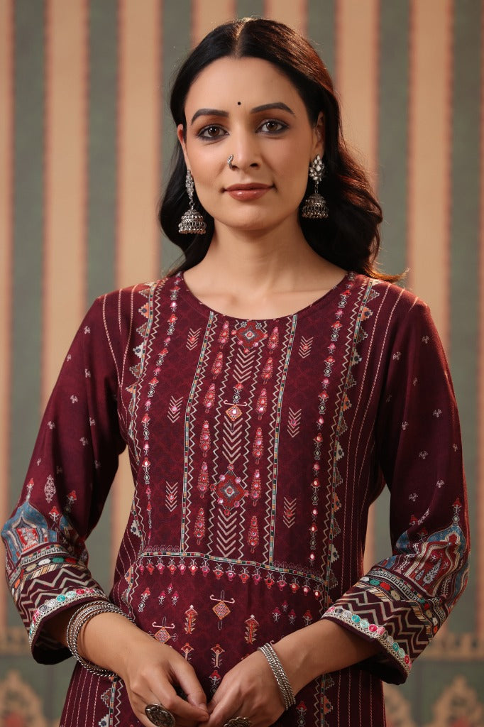 Women Maroon Digital Printed Pure Cotton Straight Kurta