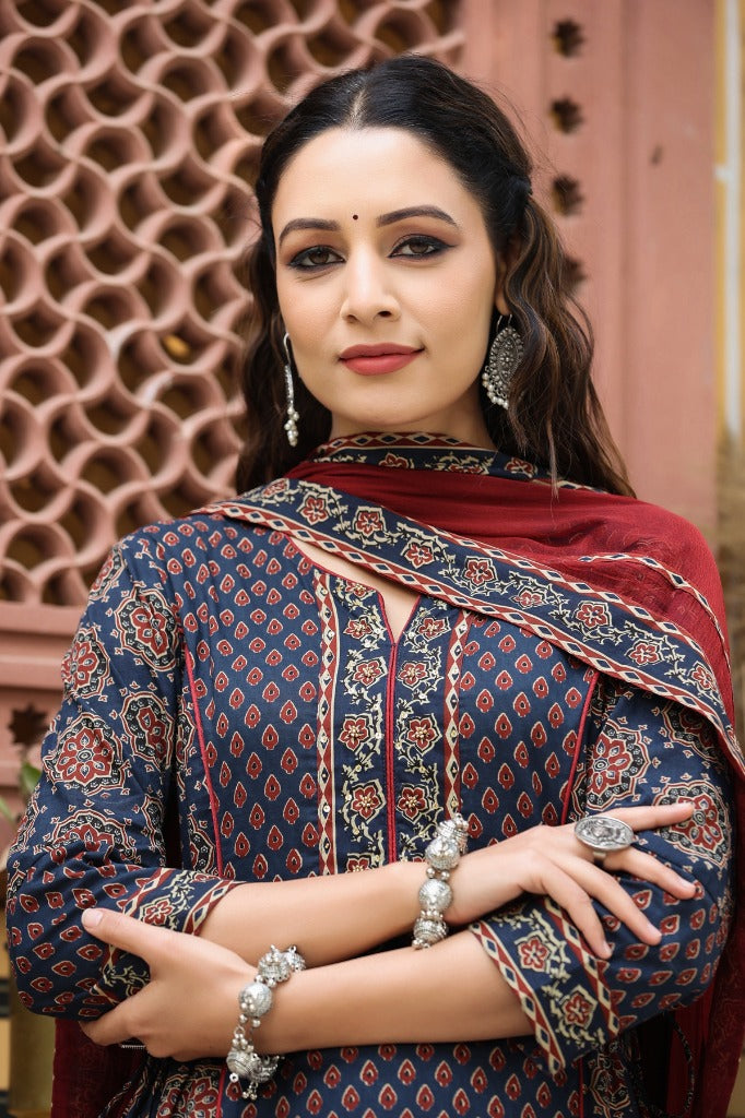 Women Blue Anarkali Cotton Printed Kurta Set