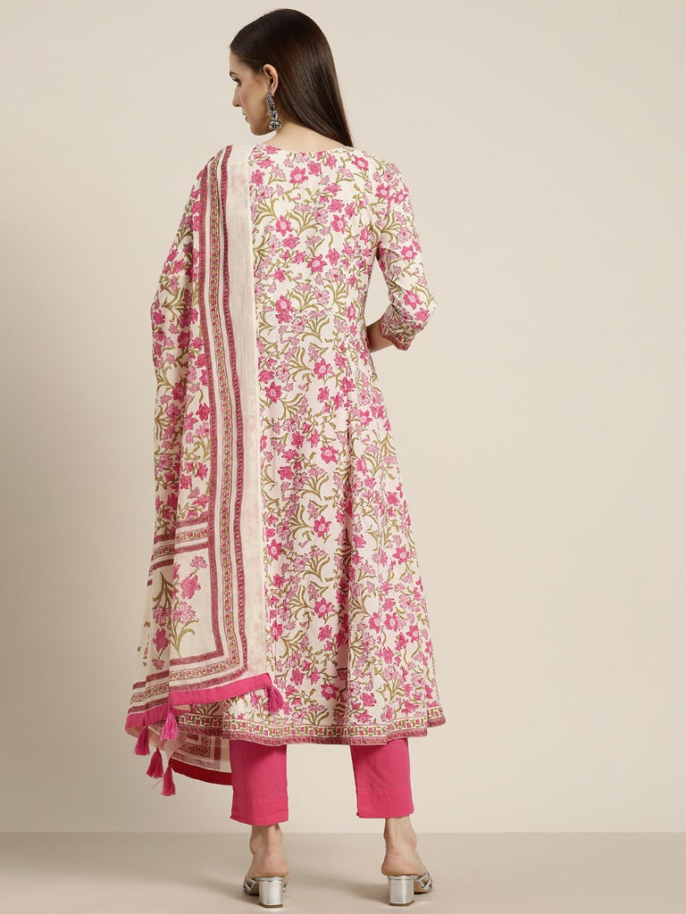 Women Pink Floral Printed Cotton Kurta with Trousers and Printed Dupatta