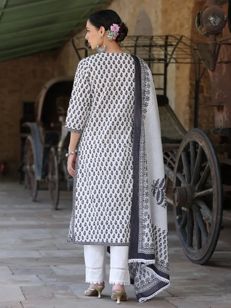 Women Black-Coloured Ethnic Motifs Printed Sequinned Pure Cotton Kurta with Trousers And Printed Dupatta
