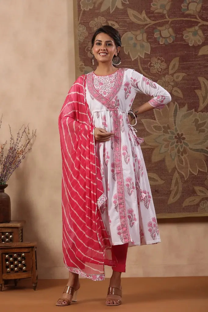 Women Fuchsia Floral Printed Pure Cotton Anarkali Kurta with Trousers & With Dupatta