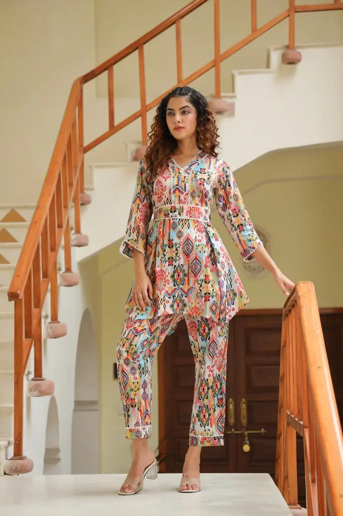 Women Multi Printed V-Neck Pure Cotton Tunic With Trousers