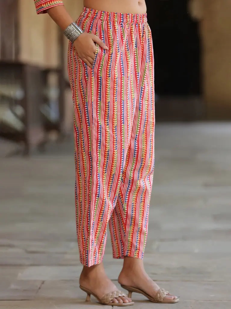 Women Red Ethnic Motifs Printed Pure Cotton Staight Kurta With Printed Trousers & Dye Dupatta